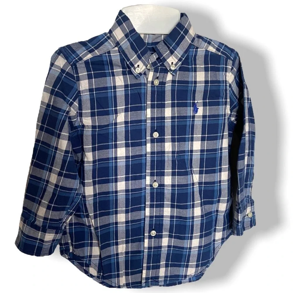 Ralph Lauren Boys Shirt Size 2‎ 2T Long Sleeve Button Down Navy Blue Plaid Dress